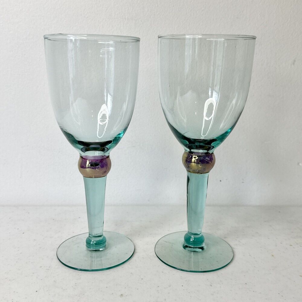 Set Of‎ 2 Vintage Emerald Green & Iridescent Gold Hand Blown Wine Glasses